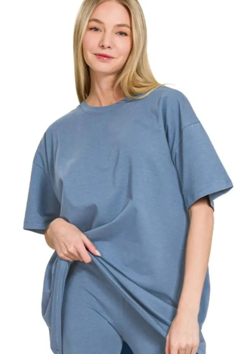 Zenana Cotton Round Neck Top & Biker Shorts - Love Salve