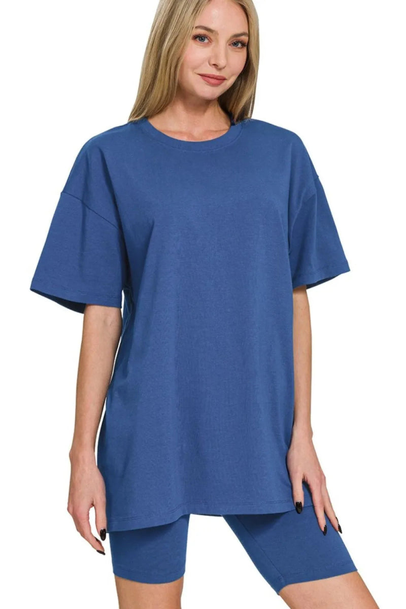 Zenana Cotton Round Neck Top & Biker Shorts - Love Salve