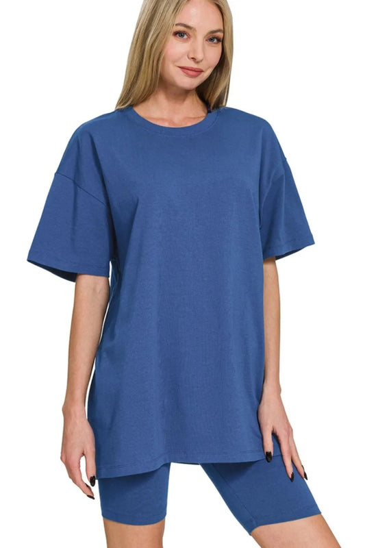 Zenana Cotton Round Neck Top & Biker Shorts - Love Salve