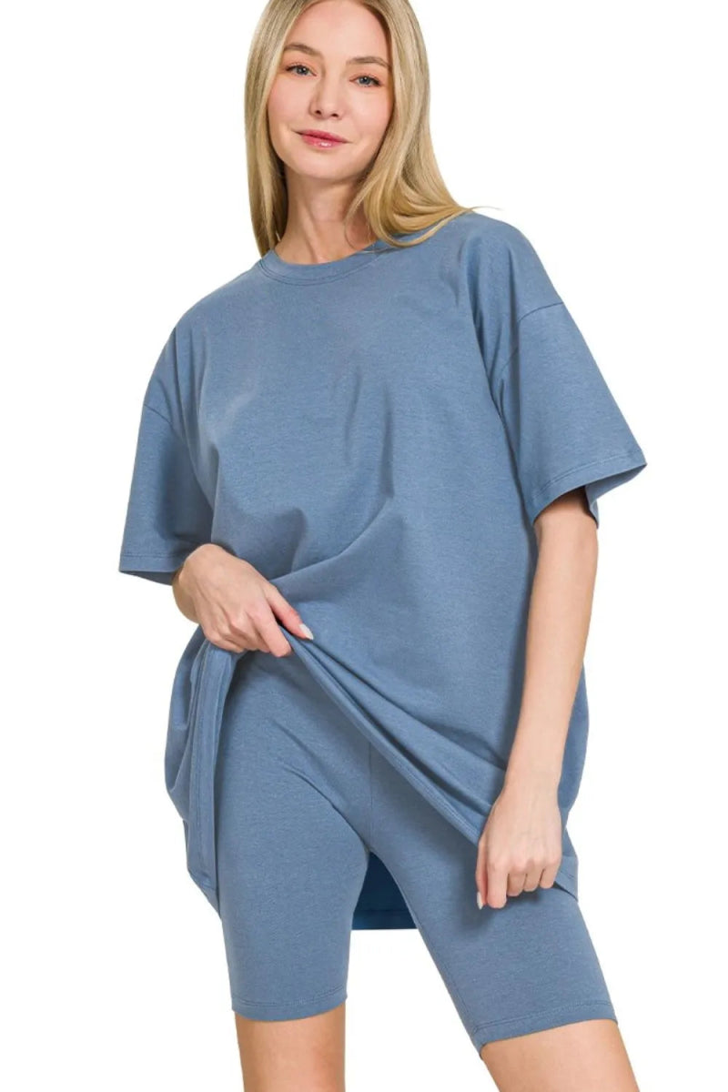 Zenana Cotton Round Neck Top & Biker Shorts - Love Salve