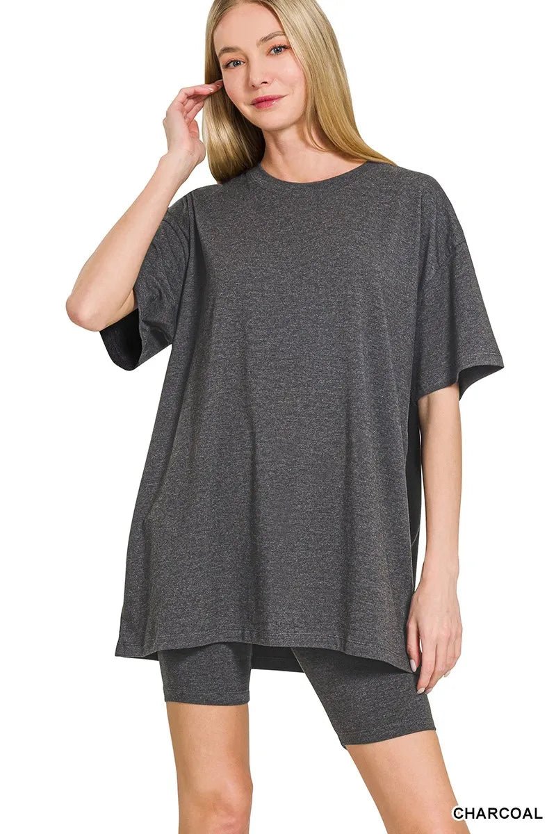 Zenana Cotton Round Neck Top & Biker Shorts - Love Salve