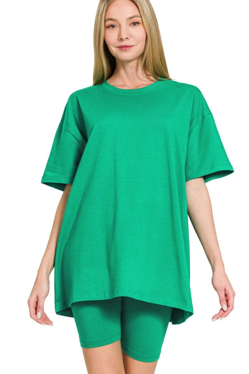 Zenana Cotton Round Neck Top & Biker Shorts - Love Salve