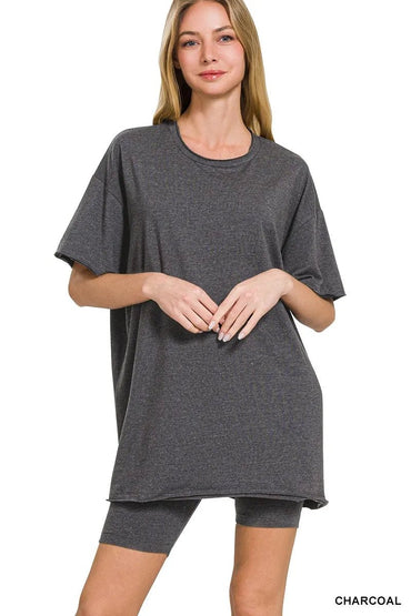 Zenana Cotton Round Neck Top & Biker Shorts - Love Salve