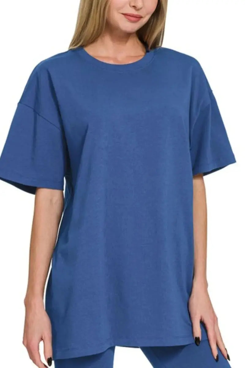 Zenana Cotton Round Neck Top & Biker Shorts - Love Salve