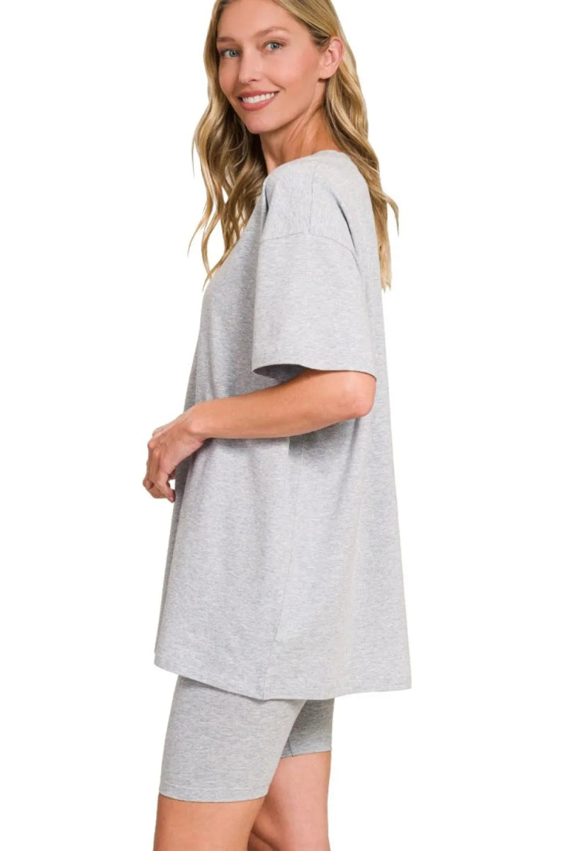 Zenana Cotton Round Neck Top & Biker Shorts - Love Salve