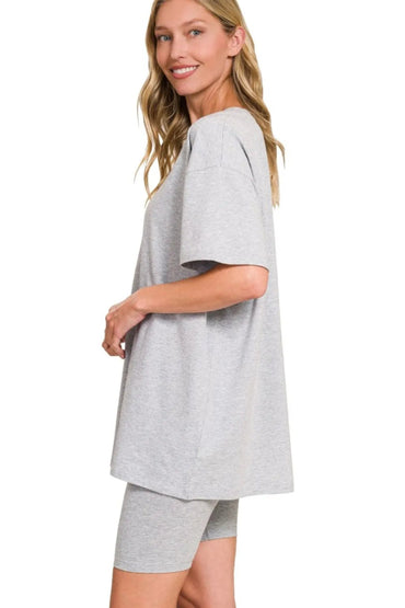 Zenana Cotton Round Neck Top & Biker Shorts - Love Salve