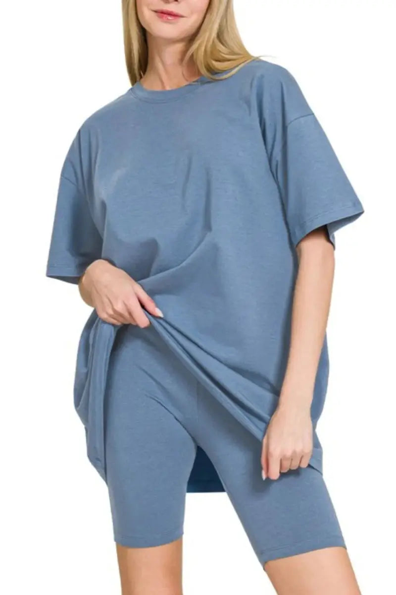 Zenana Cotton Round Neck Top & Biker Shorts - Love Salve