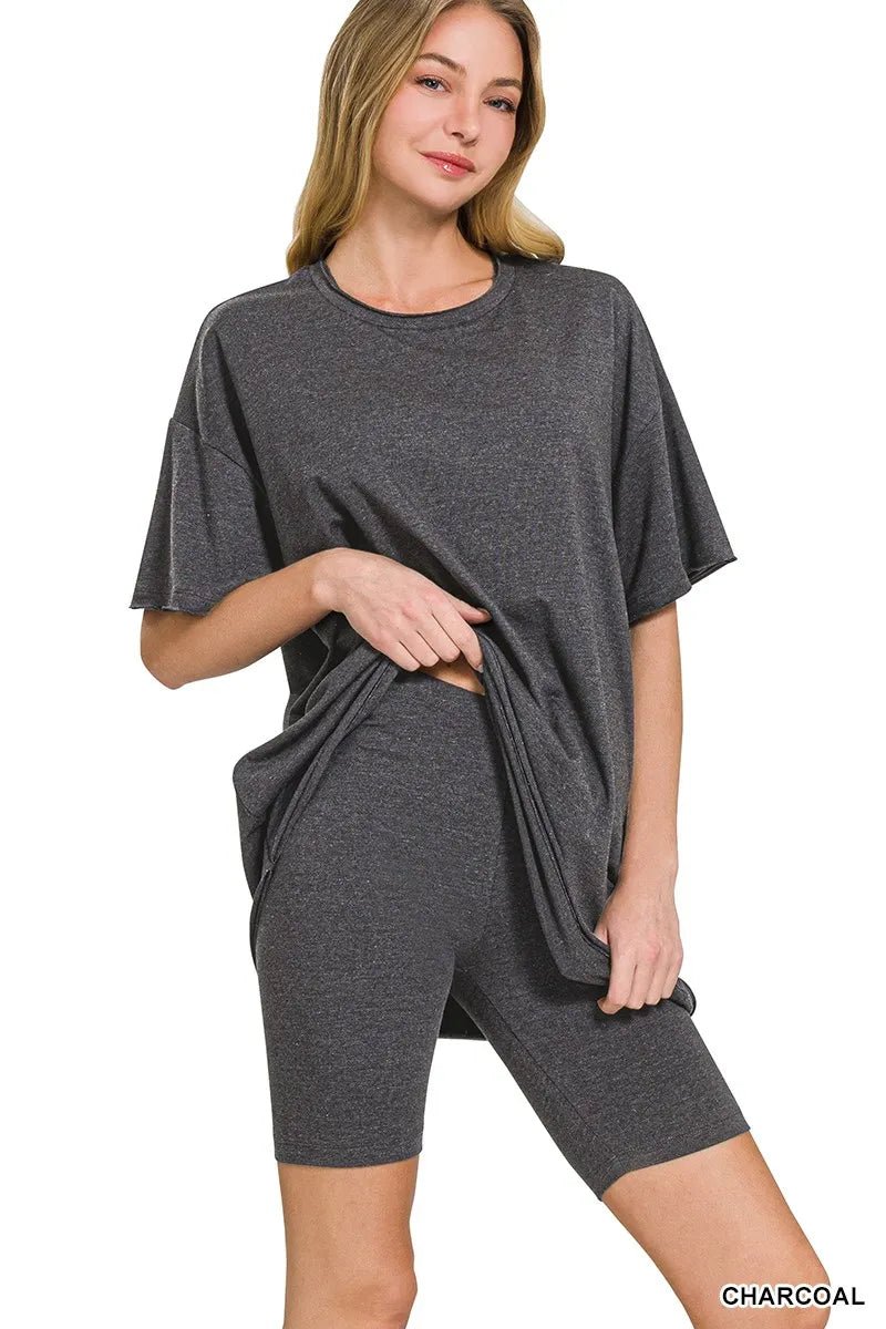 Zenana Cotton Round Neck Top & Biker Shorts - Love Salve