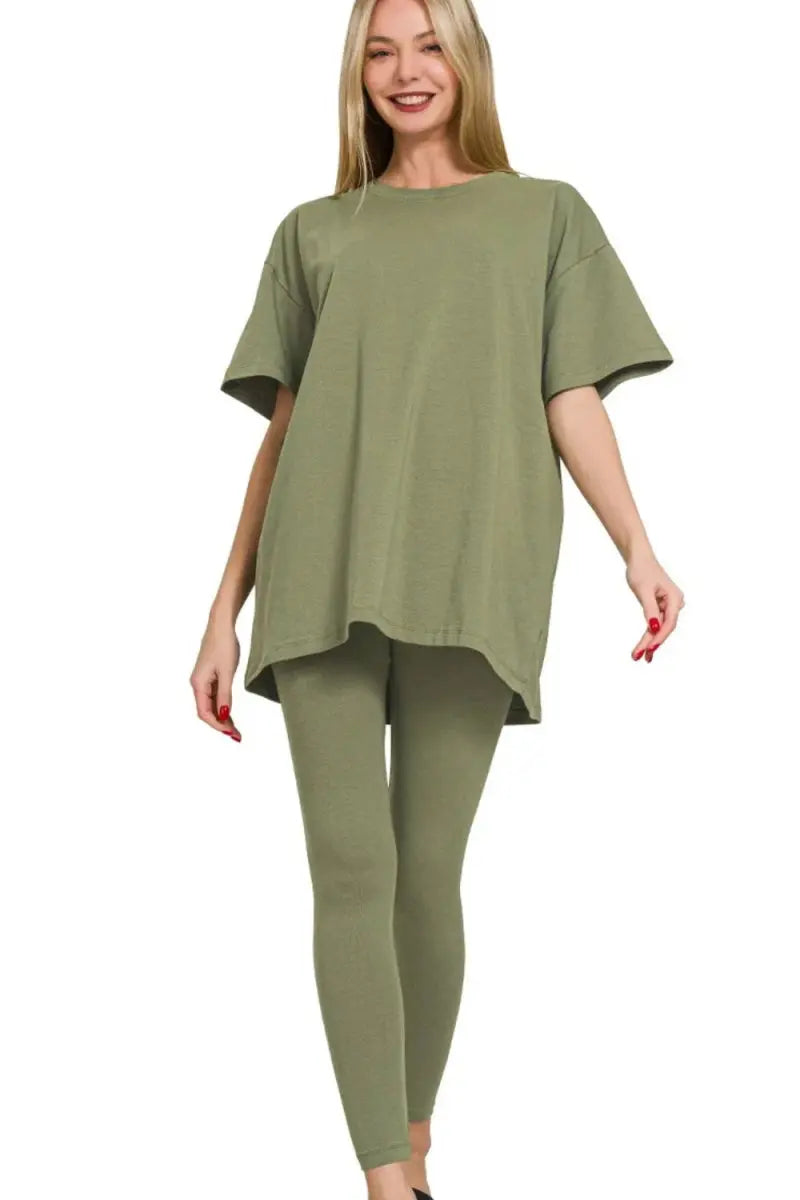 Zenana Cotton Round Neck Top & Legging Set - Love Salve
