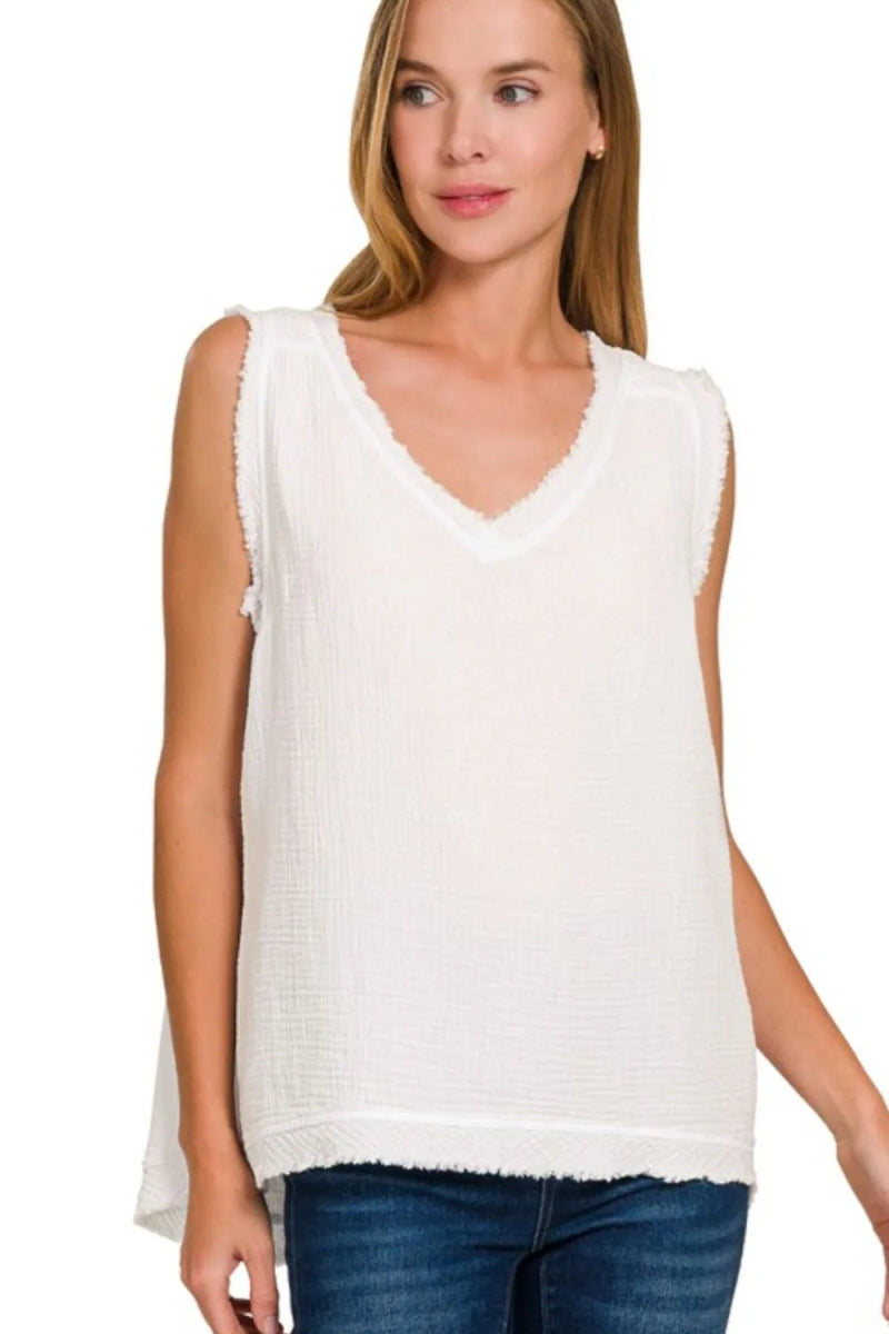 Zenana Double Gauze Raw Edge V-Neck Tank Top for Women - Love Salve 