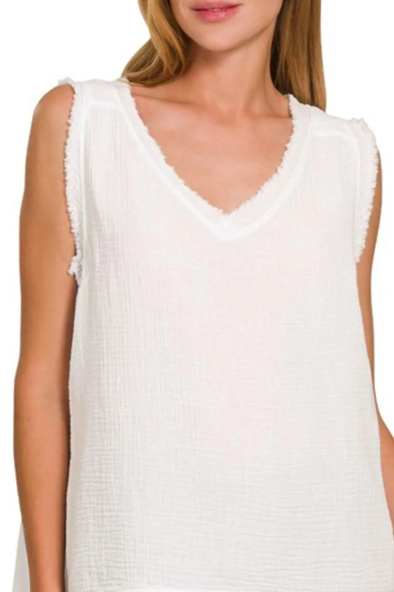 Zenana Double Gauze Raw Edge V-Neck Tank Top for Women - Love Salve 