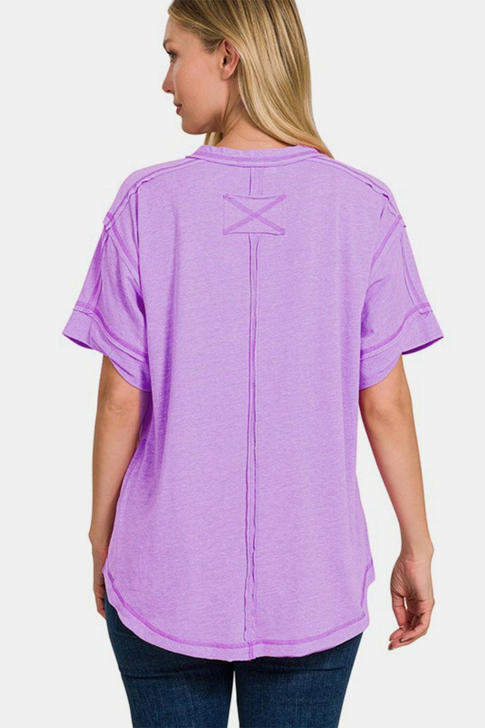 Zenana Exposed Seam Half Button Short Sleeve Top - Love Salve