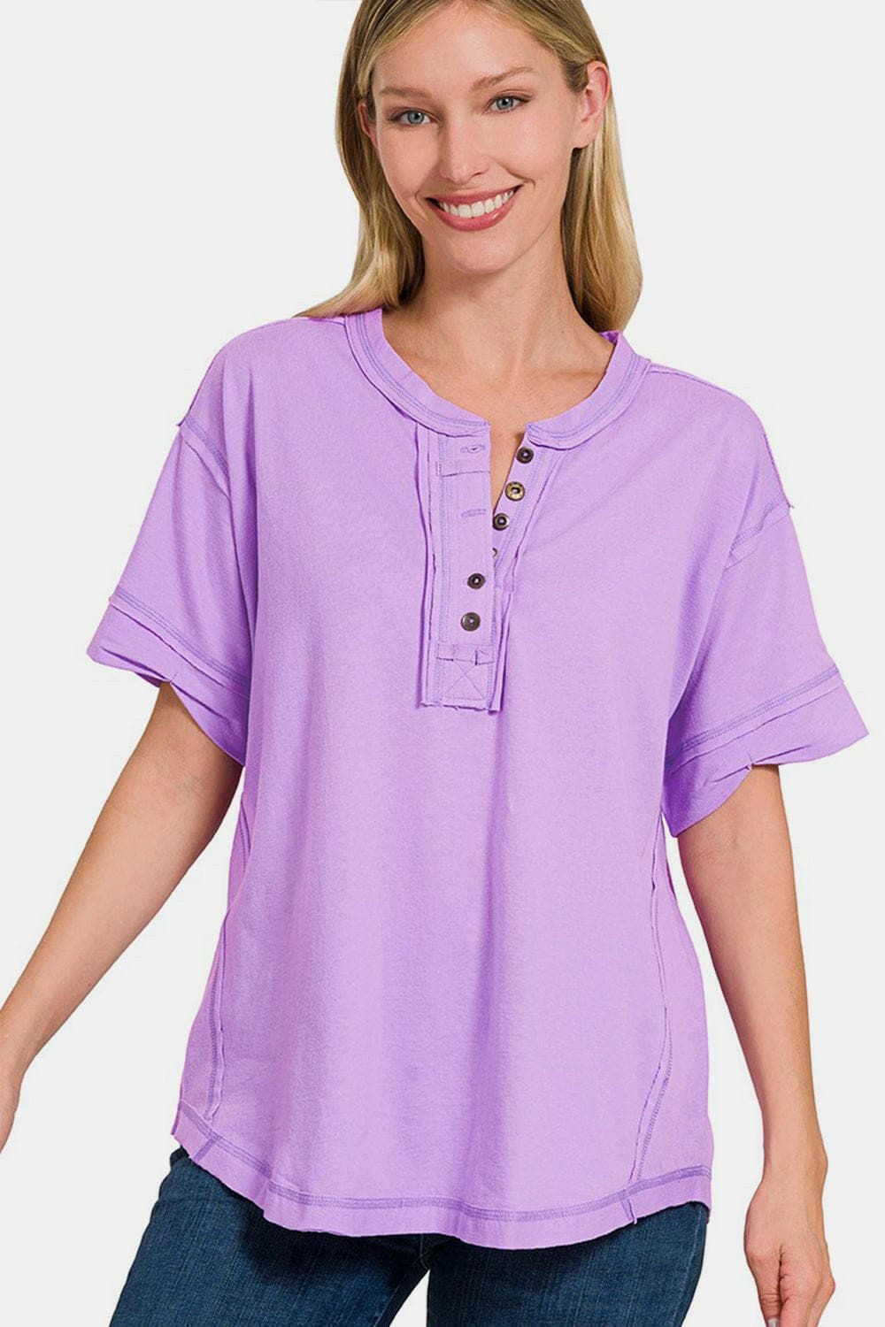 Zenana Exposed Seam Half Button Short Sleeve Top - Love Salve