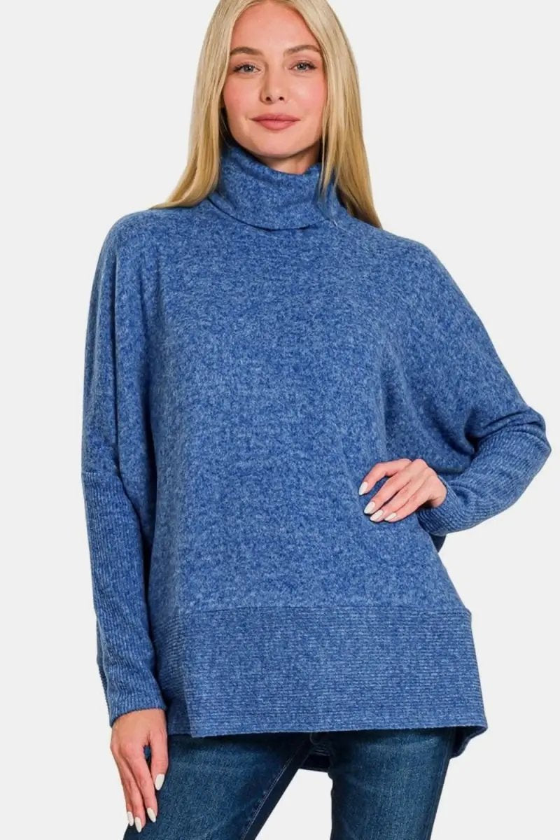 Zenana Full Size Brushed Melange Hacci Turtleneck Sweater - Love Salve 