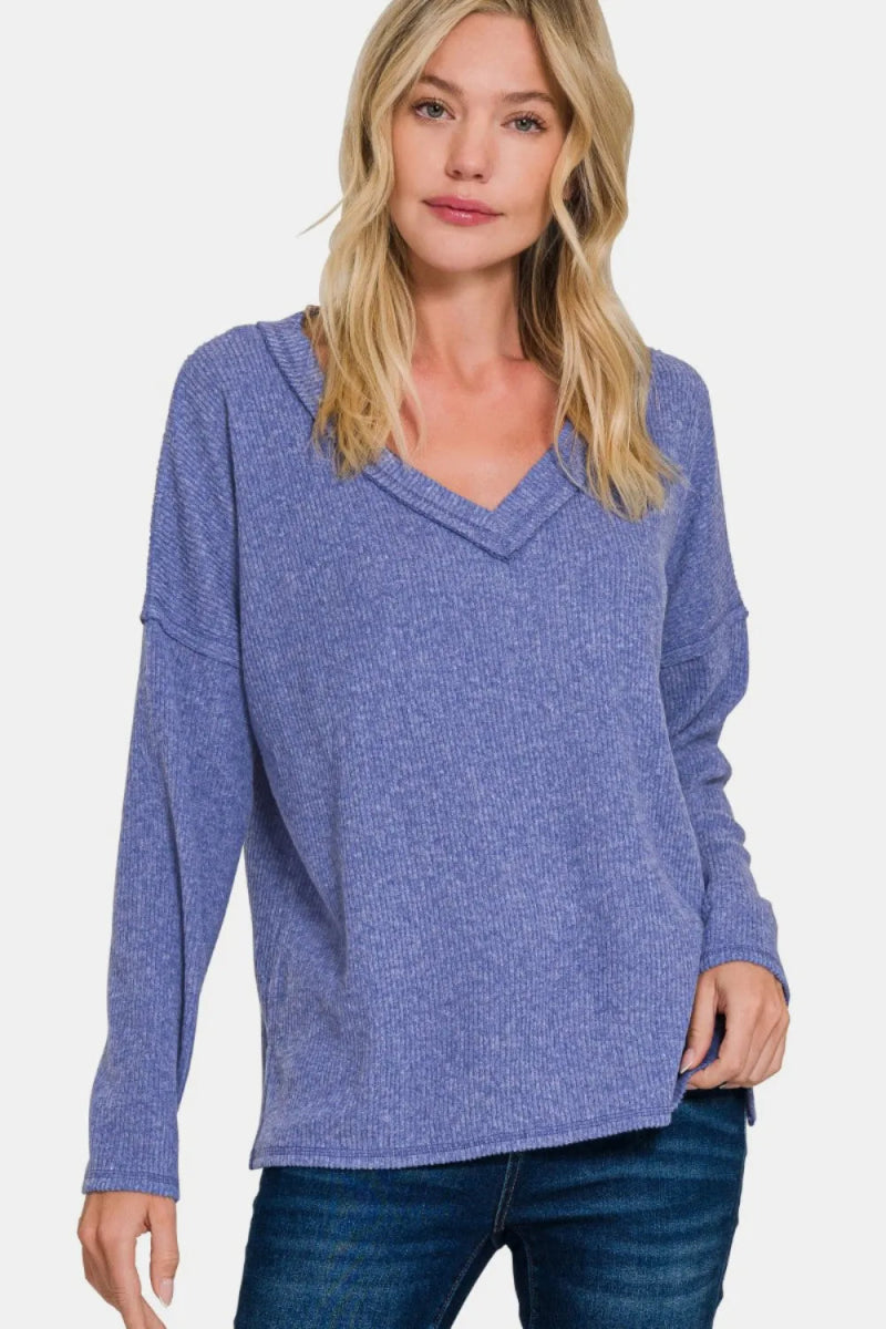 Zenana Full Size Ribbed V - Neck Drop Shoulder Top for Women - Love Salve