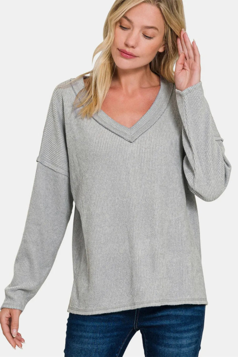 Zenana Full Size Ribbed V-Neck Drop Shoulder Top for Women - Love Salve 
