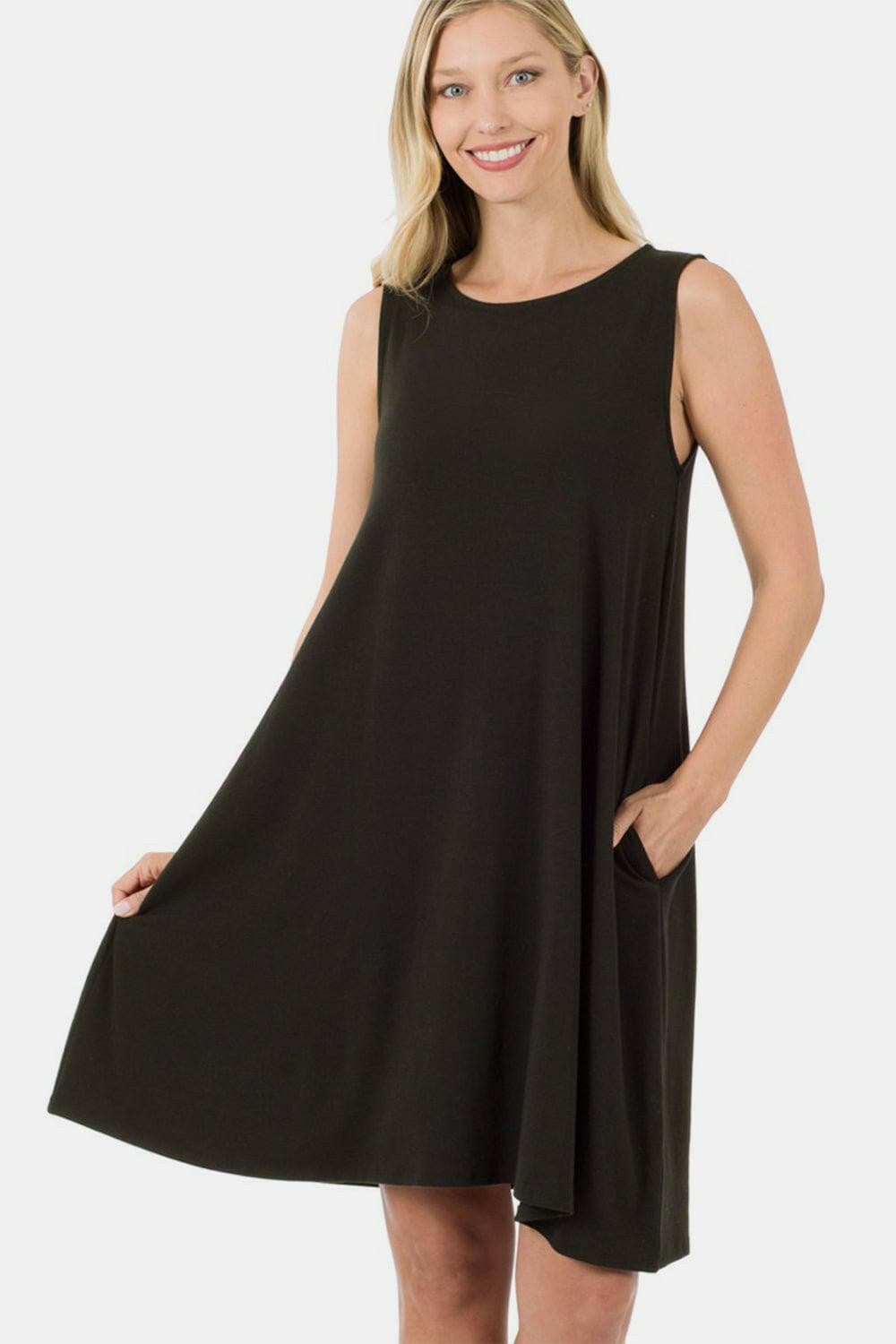 Zenana Full Size Sleeveless Flared Dress with Side Pockets - Love Salve