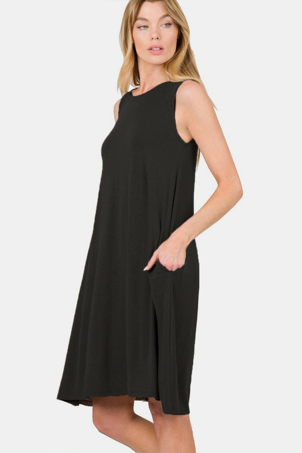 Zenana Full Size Sleeveless Flared Dress with Side Pockets - Love Salve