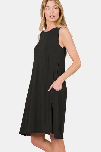 Zenana Full Size Sleeveless Flared Dress with Side Pockets - Love Salve