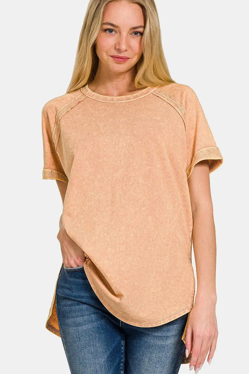 Zenana Heathered Round Neck Short Sleeve Top for Women - Love Salve 