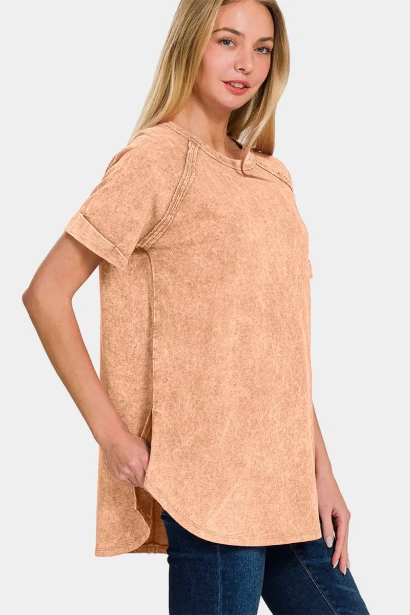 Zenana Heathered Round Neck Short Sleeve Top for Women - Love Salve 
