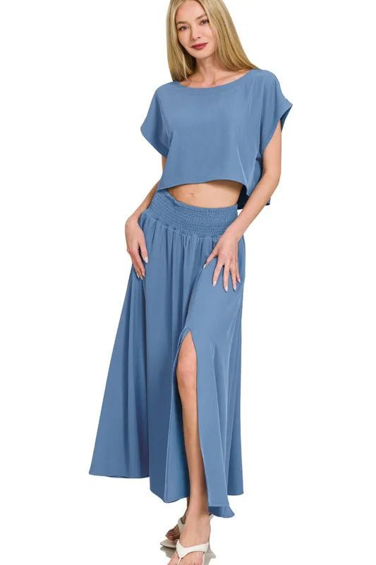 Zenana Heavy Woven Span Crop Tee & Skirt Set - Love Salve
