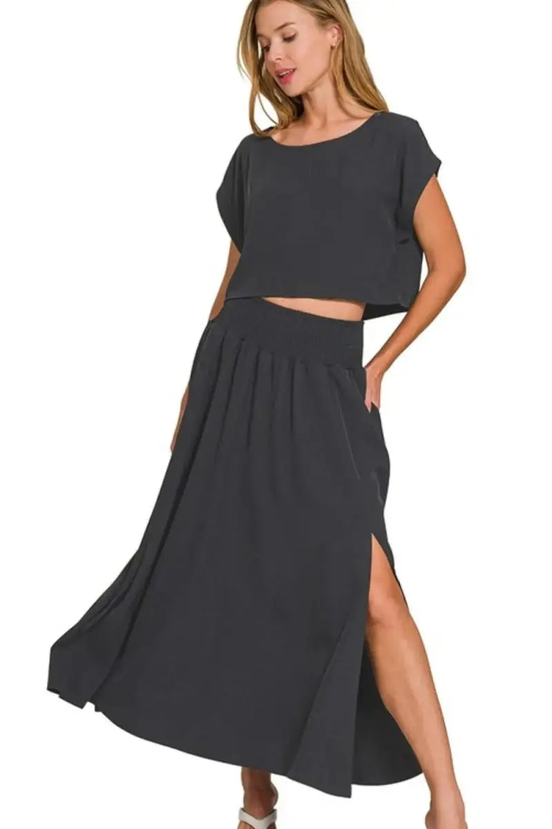 Zenana Heavy Woven Span Crop Tee & Skirt Set - Love Salve