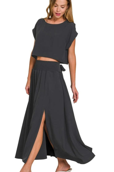 Zenana Heavy Woven Span Crop Tee & Skirt Set - Love Salve