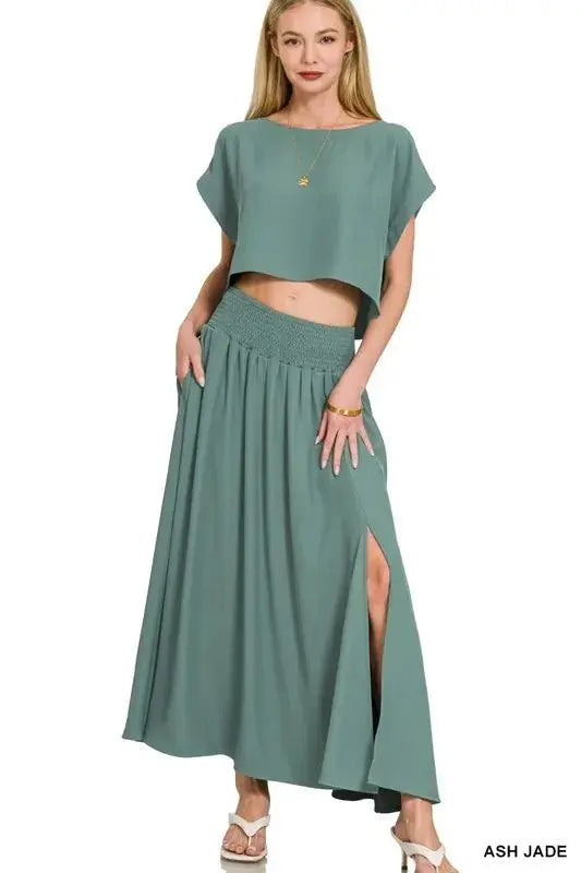 Zenana Heavy Woven Span Crop Tee & Skirt Set - Love Salve