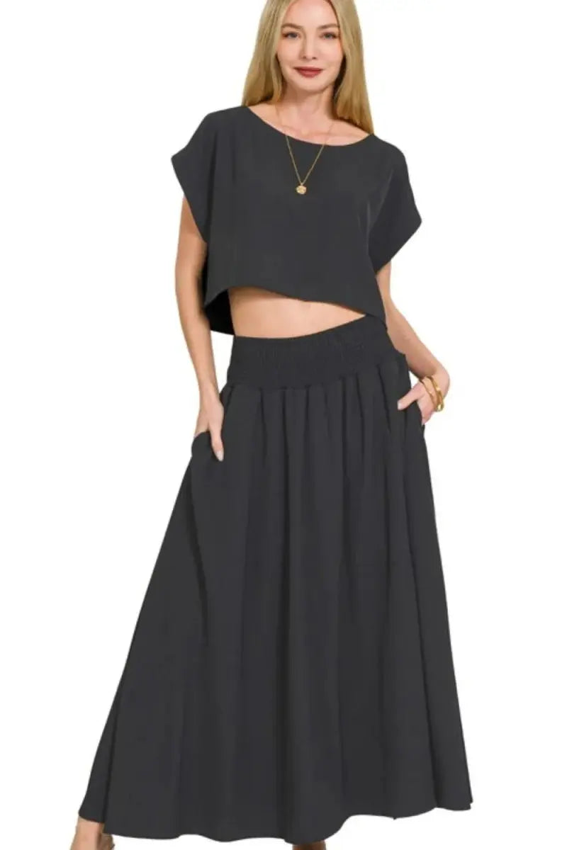 Zenana Heavy Woven Span Crop Tee & Skirt Set - Love Salve