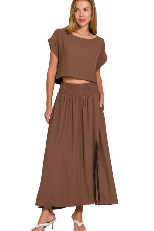 Zenana Heavy Woven Span Crop Tee & Skirt Set - Love Salve