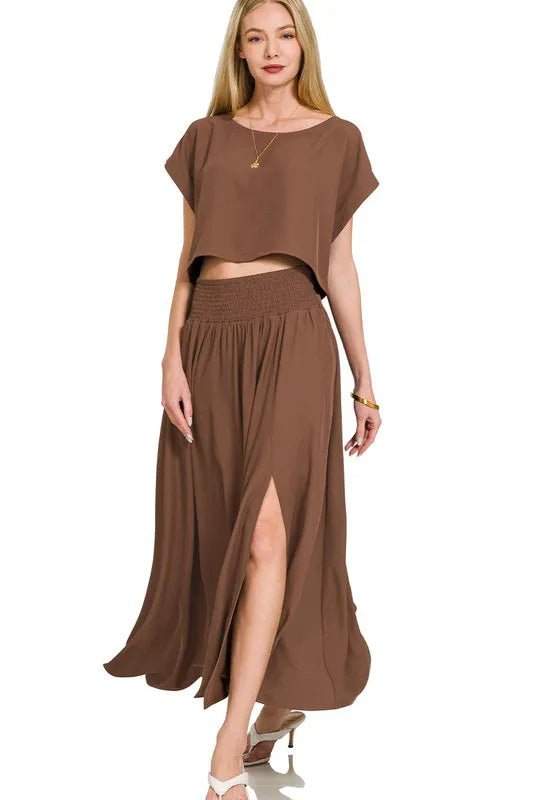 Zenana Heavy Woven Span Crop Tee & Skirt Set - Love Salve