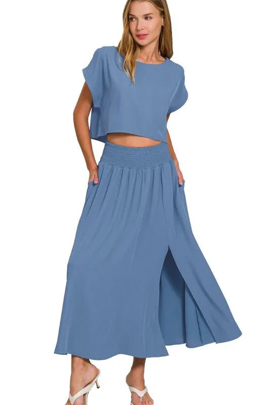 Zenana Heavy Woven Span Crop Tee & Skirt Set - Love Salve