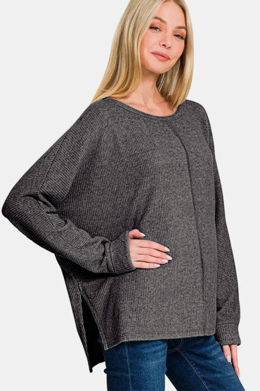 Zenana High-Low Side Slit Round Neck T-Shirt for Women - Love Salve 
