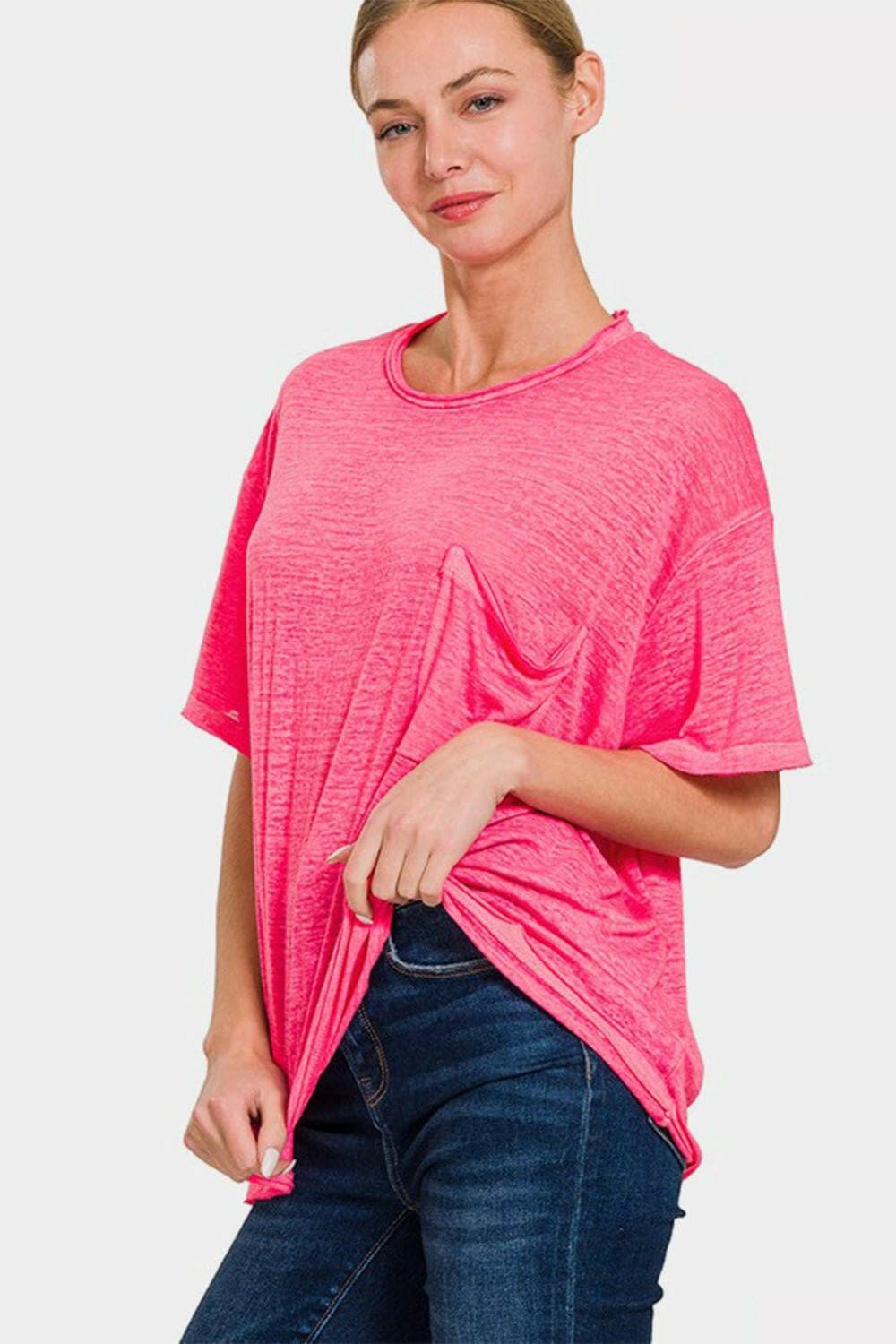 Zenana Pocketed Round Neck Dropped Shoulder T-Shirt - Love Salve