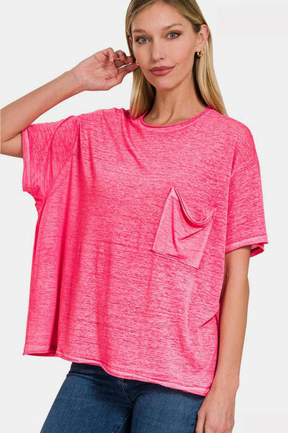 Zenana Pocketed Round Neck Dropped Shoulder T-Shirt - Love Salve