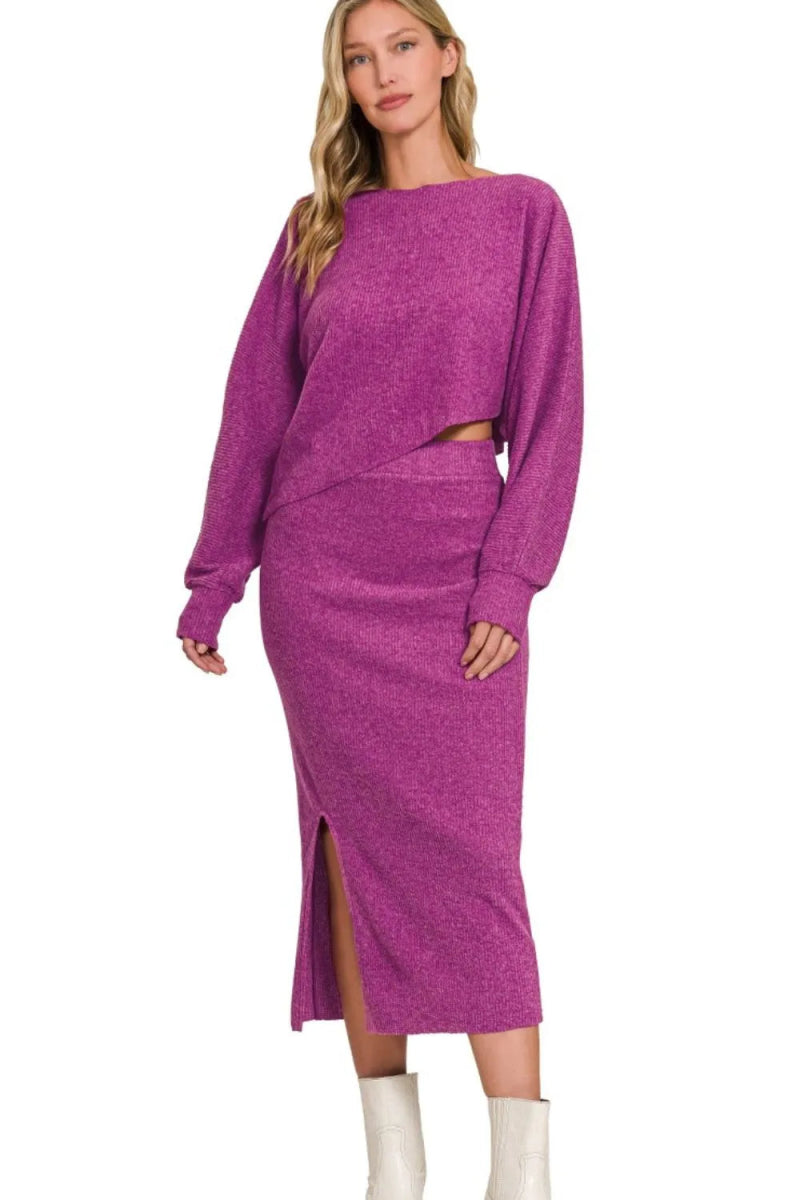 Zenana Ribbed Asymmetric Hem and Sleeve Top & Skirt Set - Love Salve