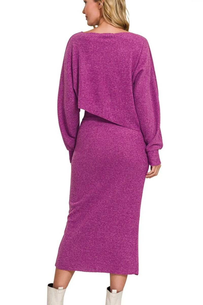 Zenana Ribbed Asymmetric Hem and Sleeve Top & Skirt Set - Love Salve