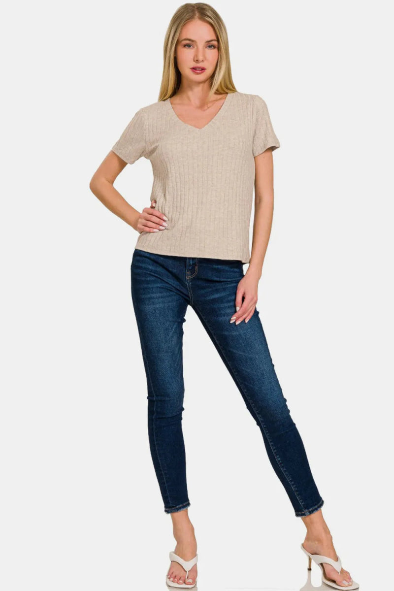 Zenana Ribbed Short Sleeve T-Shirt for Casual Style - Love Salve 
