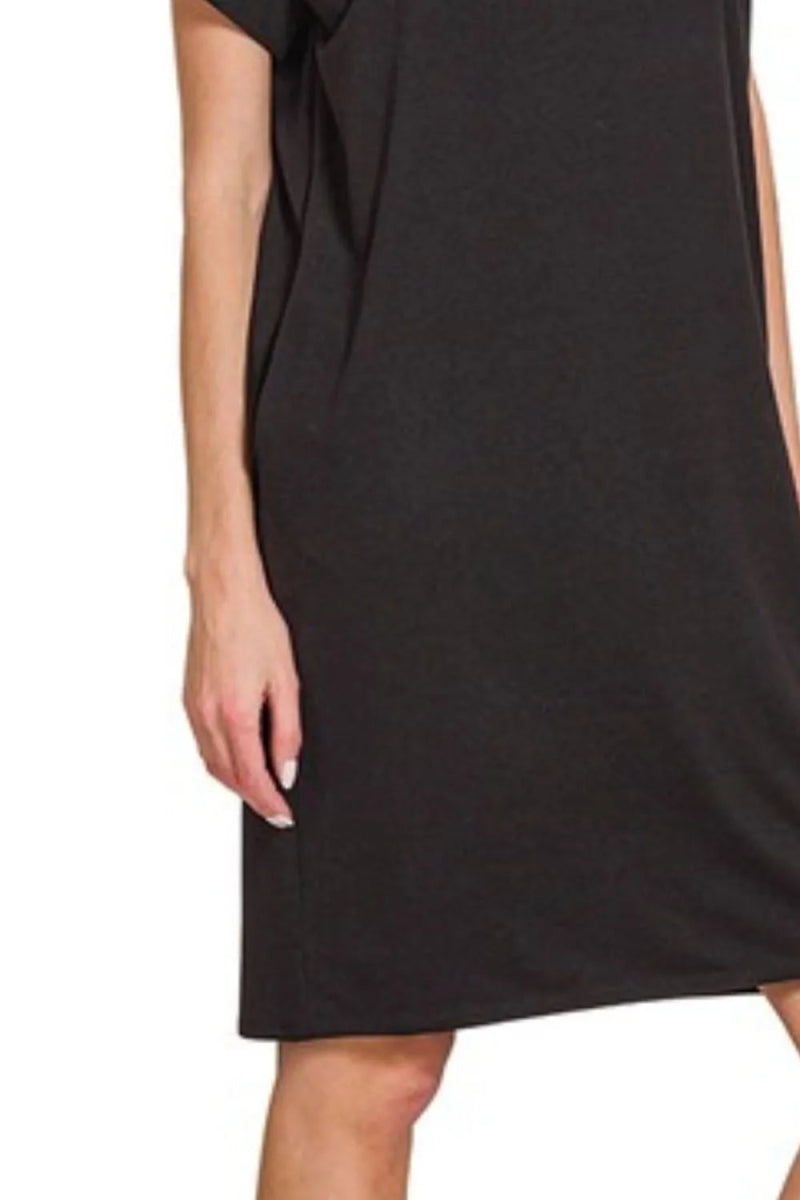 Zenana Rolled Short Sleeve Round Neck Dress for Women - Love Salve 