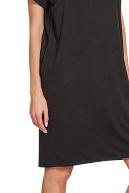 Zenana Rolled Short Sleeve Round Neck Dress for Women - Love Salve 