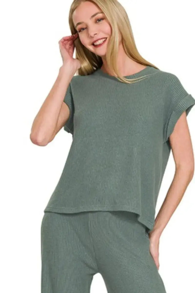 Zenana Rolled Sleeve Top and Pants Sweater Set - Love Salve