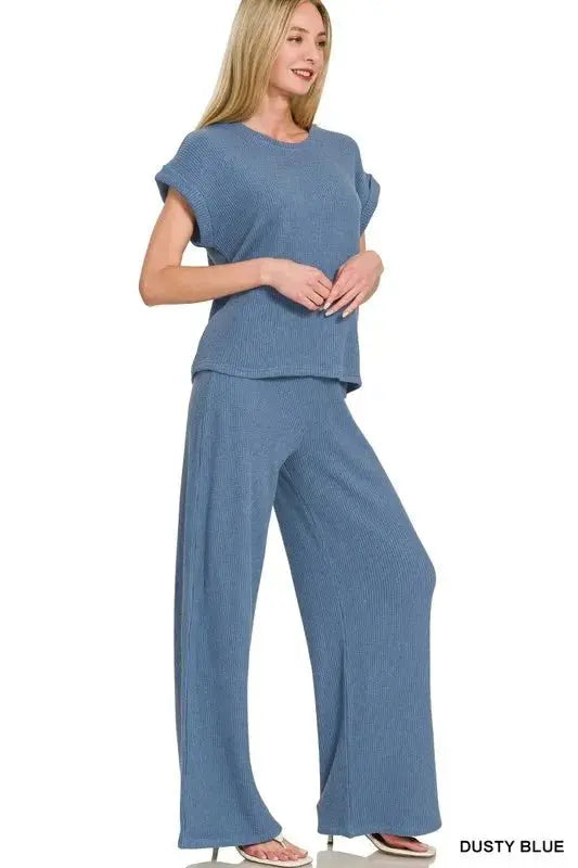 Zenana Rolled Sleeve Top and Pants Sweater Set - Love Salve