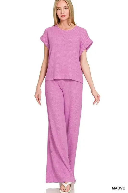 Zenana Rolled Sleeve Top and Pants Sweater Set - Love Salve