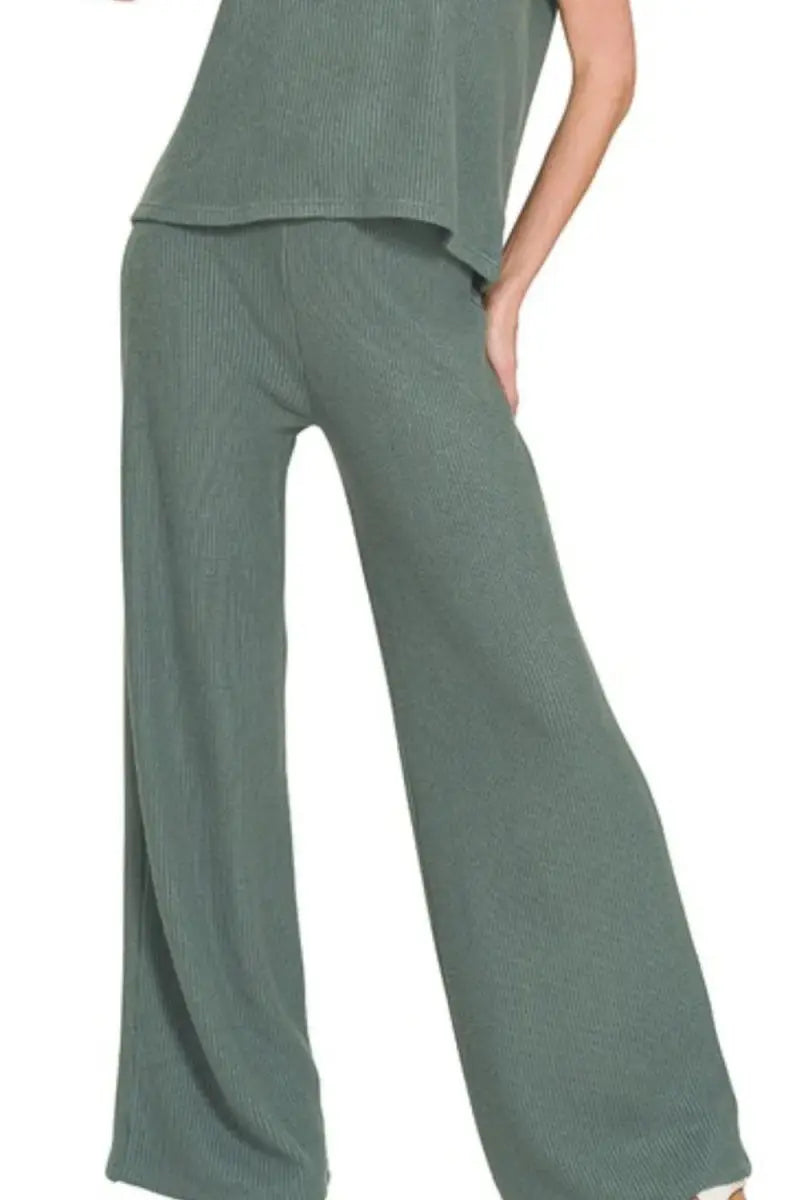 Zenana Rolled Sleeve Top and Pants Sweater Set - Love Salve