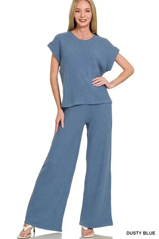 Zenana Rolled Sleeve Top and Pants Sweater Set - Love Salve