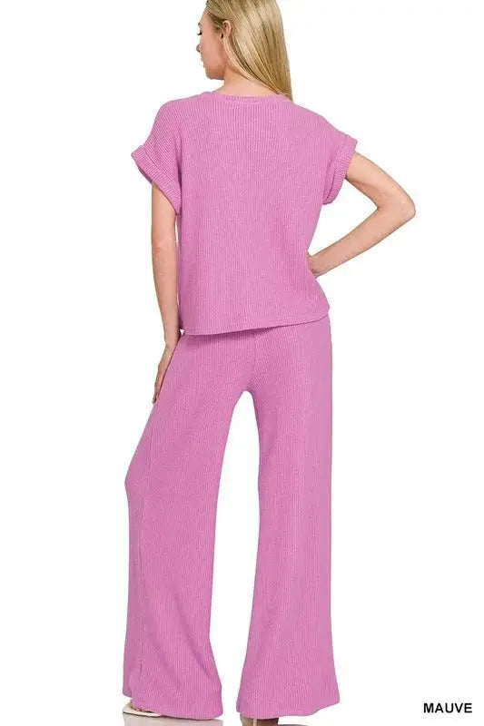 Zenana Rolled Sleeve Top and Pants Sweater Set - Love Salve