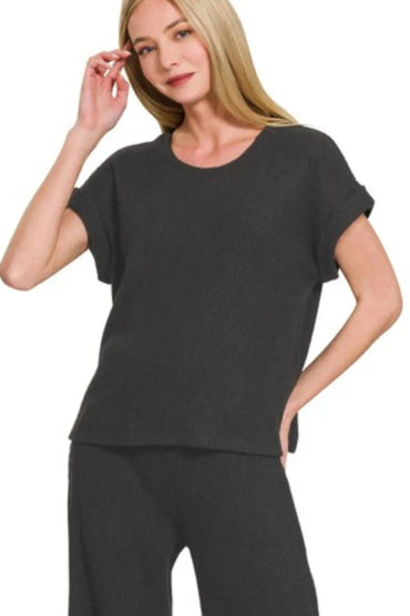 Zenana Rolled Sleeve Top and Pants Sweater Set - Love Salve