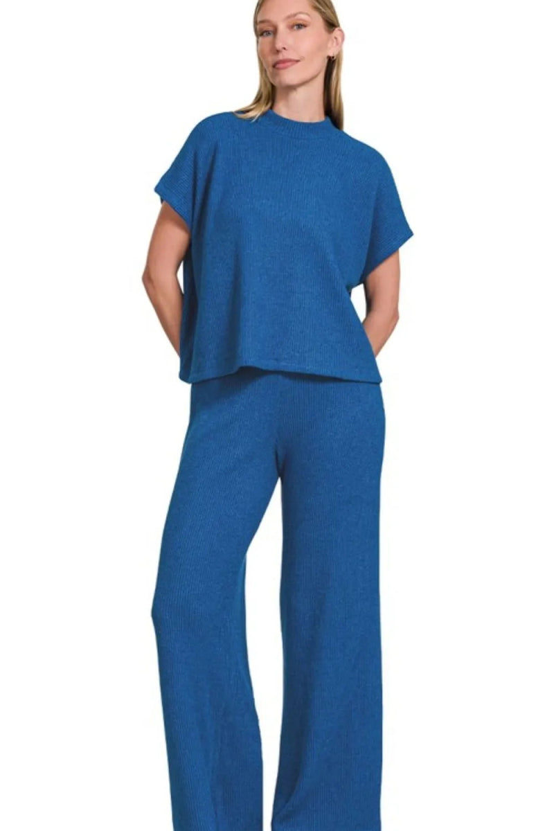 Zenana Rolled Sleeve Top and Pants Sweater Set - Love Salve