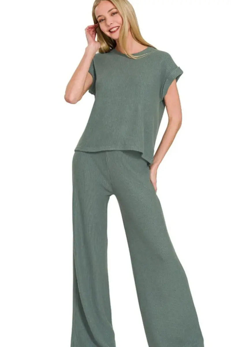 Zenana Rolled Sleeve Top and Pants Sweater Set - Love Salve